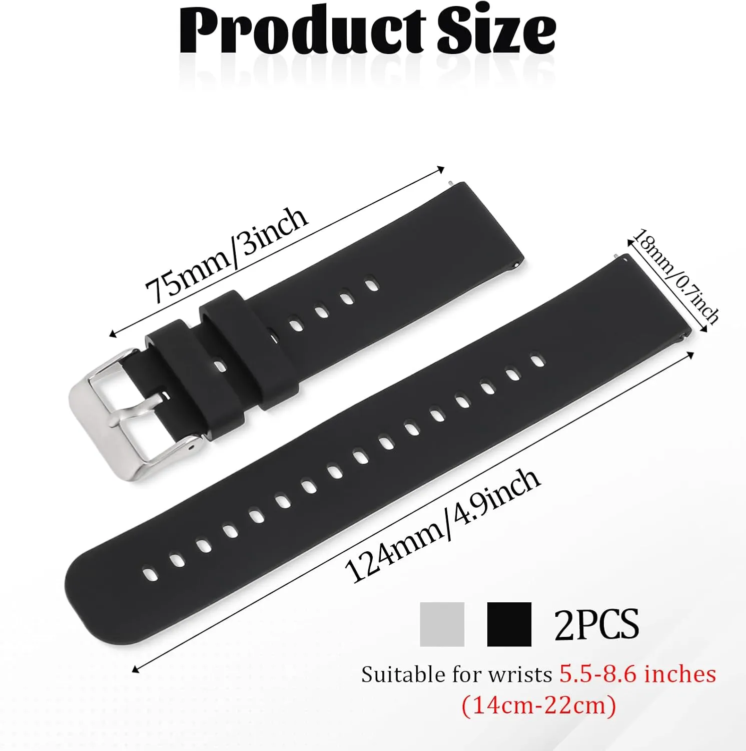 2 Pcs Silicone Watch Bands, Quick Release Soft Rubber Replacement Watch Bands Watch Straps for Men Women