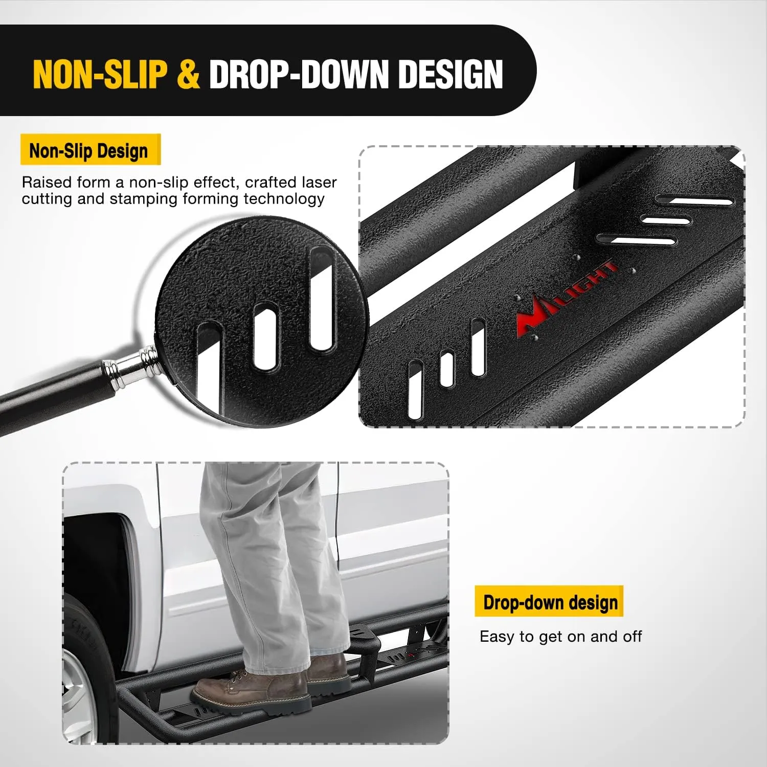 2009-2018 Dodge RAM 1500 2019-2023 1500 Classic Quad Cab Running Boards Dual-Stage Textured Black Powder Coated Slip-Proof Side Step Nerf Bars