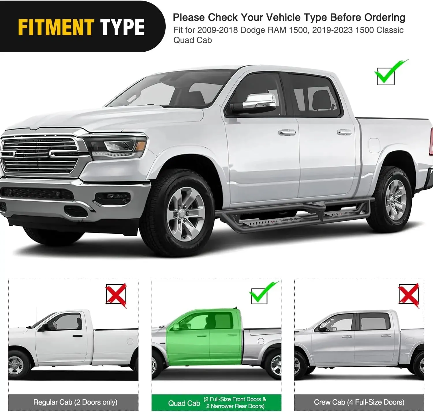2009-2018 Dodge RAM 1500 2019-2023 1500 Classic Quad Cab Running Boards Dual-Stage Textured Black Powder Coated Slip-Proof Side Step Nerf Bars