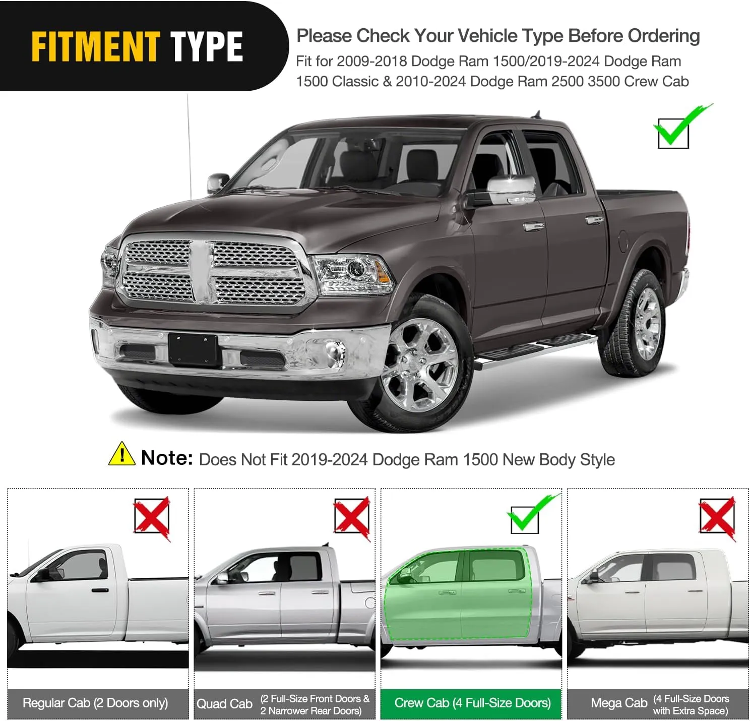 2009-2018 Dodge Ram 1500 Crew Cab 2019-2024 Dodge Ram 1500 Classic 2010-2024 Dodge Ram 2500 3500 6 Inch Slip-Proof Stainless Steel Side Step Nerf Bars Running Boards
