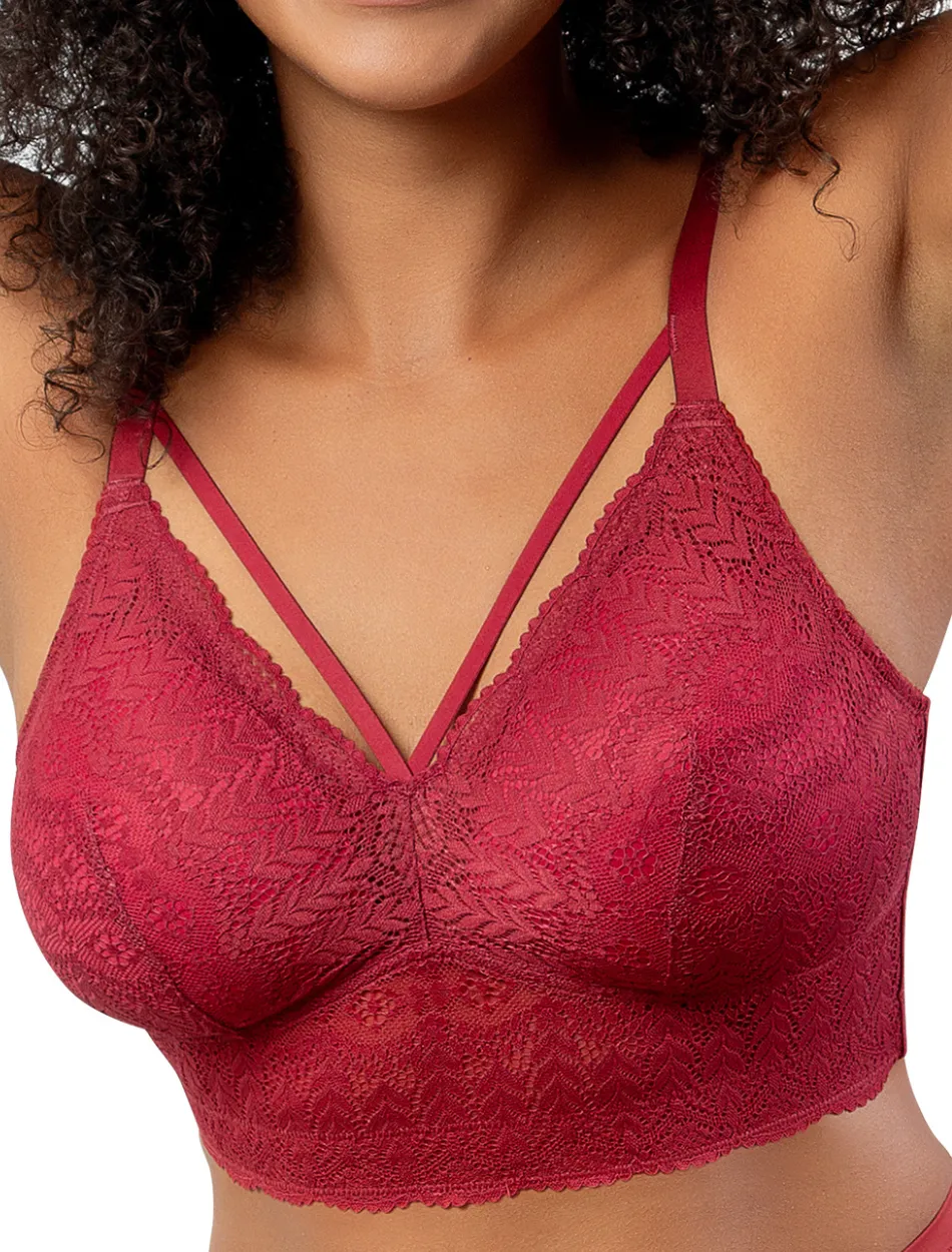 Parfait Mia Lace Dot Bra Wirefree Padded Mesh Bralette, Rio Red | Red Lace Bralette Bra | Red Longline Bras