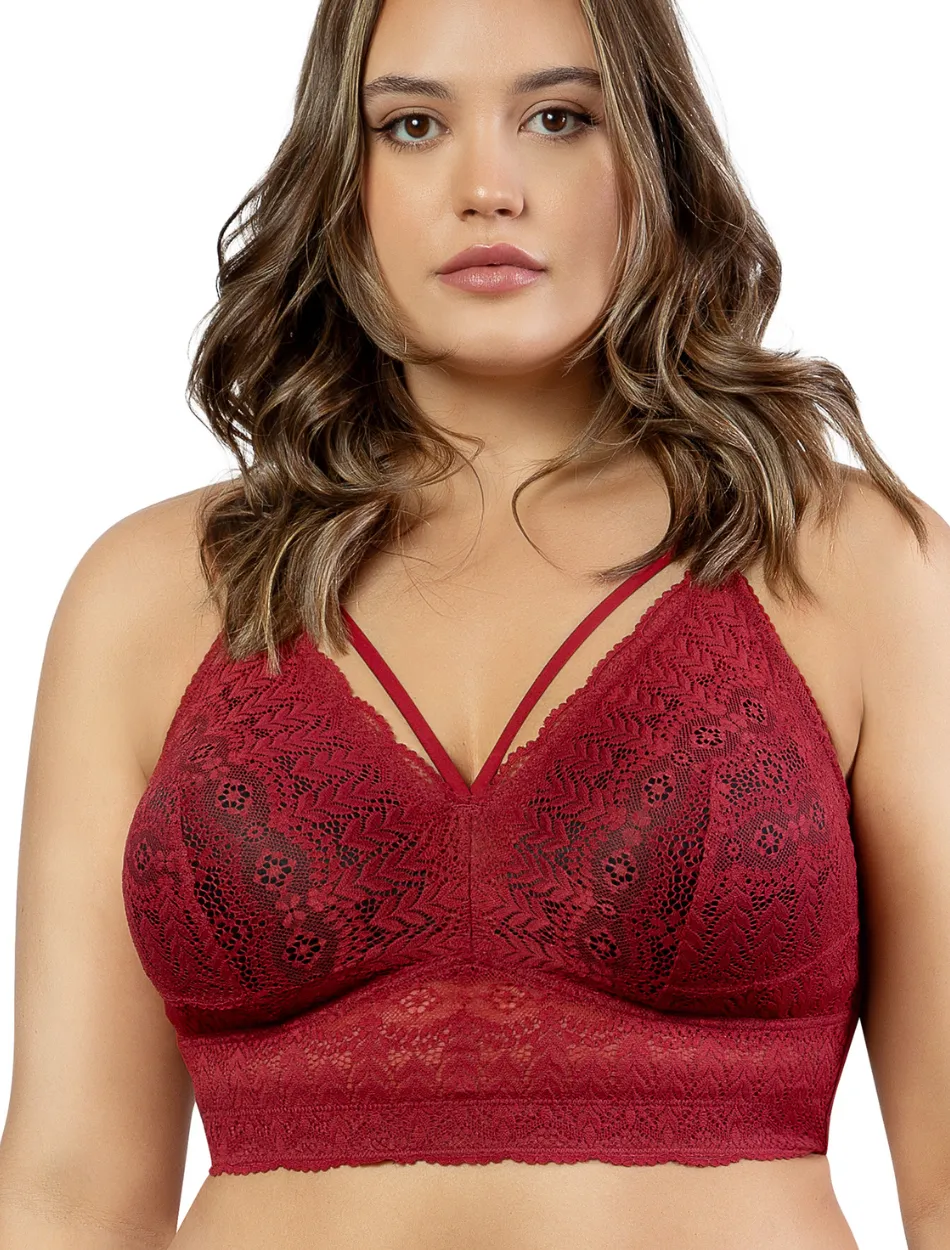 Parfait Mia Lace Dot Bra Wirefree Padded Mesh Bralette, Rio Red | Red Lace Bralette Bra | Red Longline Bras