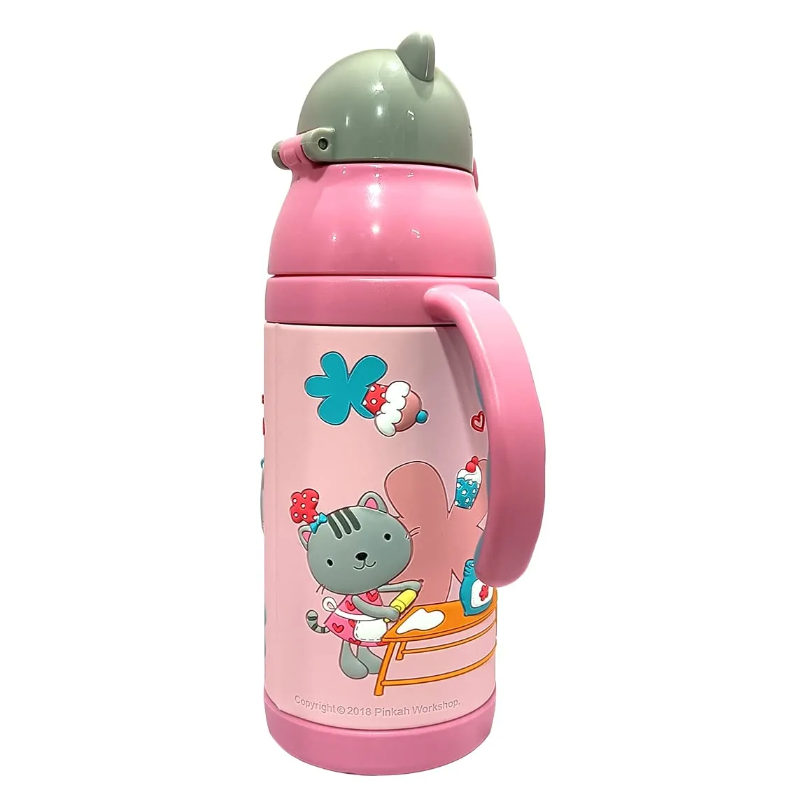 (PINKAH) Kids 3D Cap with Cartoon Design Bottle | Stainless Steel (380ML) - Tedy Pink