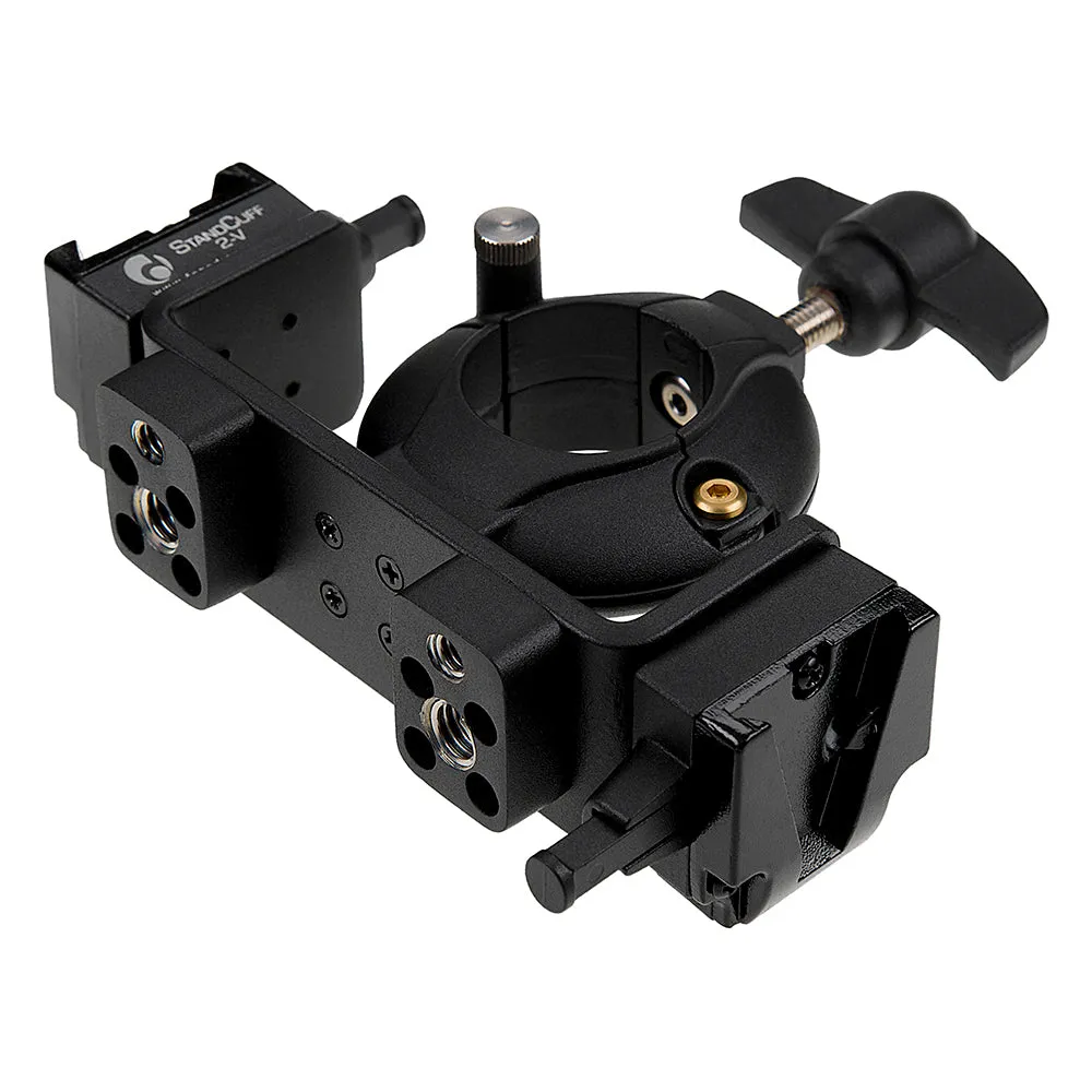 StandCuff 2-V - Compact 2x 3/8", 1/4"-20 & V-Lock Battery Stand Mount for 20-35mm Diameter Pole Section, All Metal Construction w/ Geared locking Mechanism